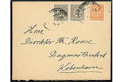 2½ pfg. (par) og 25 pfg. Fælles udg. på brev annulleret med svagt bureaustempel Hadersleben - Woyens Bahnpost Zug 881 d. 7.2.1920 til København.