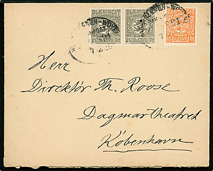 2½ pfg. (par) og 25 pfg. Fælles udg. på brev annulleret med svagt bureaustempel Hadersleben - Woyens Bahnpost Zug 881 d. 7.2.1920 til København.