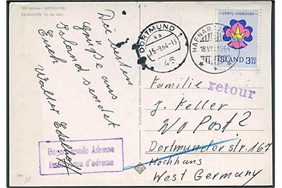 3,50 kr. Spejder udg. på brevkort fra Hafnarfjördur 1964 til Dortmund, Tyskland. Retur pga. utilstrækkelig adresse.