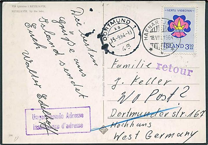 3,50 kr. Spejder udg. på brevkort fra Hafnarfjördur 1964 til Dortmund, Tyskland. Retur pga. utilstrækkelig adresse.