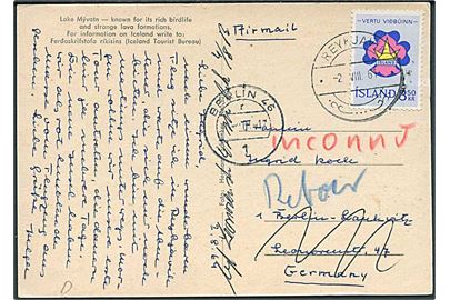 3,50 kr. Spejder udg. på brevkort fra Reykjavik d. 2.8.1964 til Berlin, Tyskland. Retur som ubekendt.