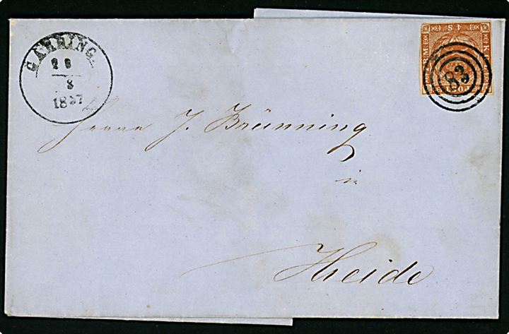 4 sk. 1854 udg. på brev annulleret med nr.stempel 83 og sidestemplet med 1½ ringsstempel Garding. d. 28.8.1857 til Heide.