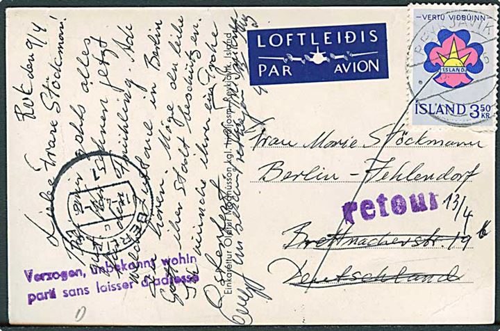3,50 kr. Spejder udg. på brevkort fra Reykjavik 1964 til Berlin, Tyskland. Retur som ubekendt.
