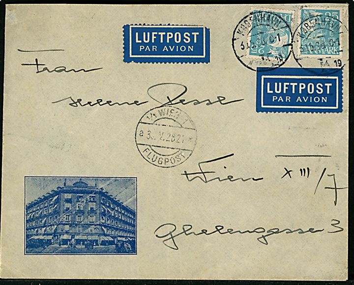 25 øre Karavel (2) på illustreret kuvert fra hotel Cosmopolite sendt som luftpost fra København d. 30.5.1928 til Wien, Østrig. Ank.stemplet Wien Flugpost d. 30.5.1928.
