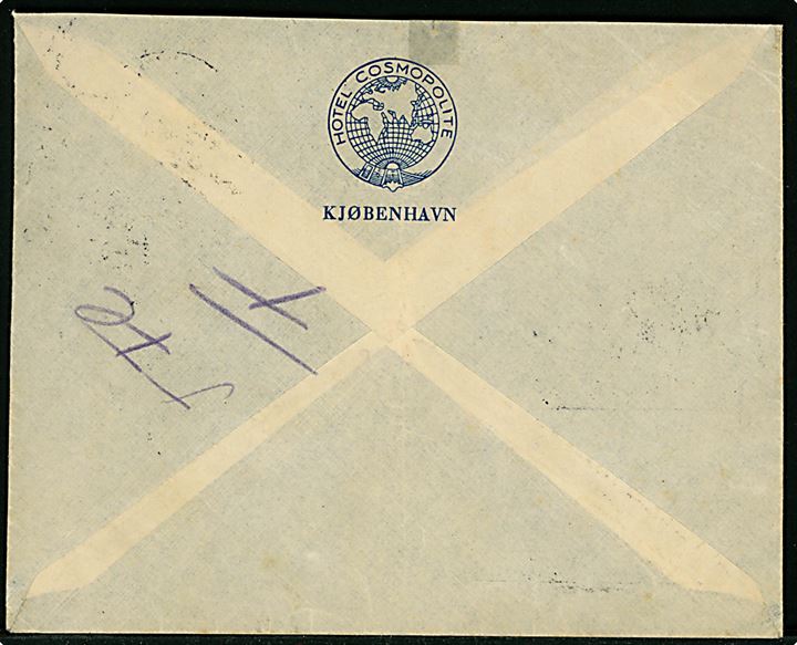 25 øre Karavel (2) på illustreret kuvert fra hotel Cosmopolite sendt som luftpost fra København d. 30.5.1928 til Wien, Østrig. Ank.stemplet Wien Flugpost d. 30.5.1928.