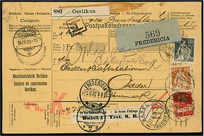 10 c. Tell, 60 c. og 80 c. Helvetia med perfin på internationalt adressekort for pakke fra Maschinenfabrik Oerlikon i Oerlikon d. 24.9.1920 via Basel, Hamburg og Fredericia til Odder, Danmark. 