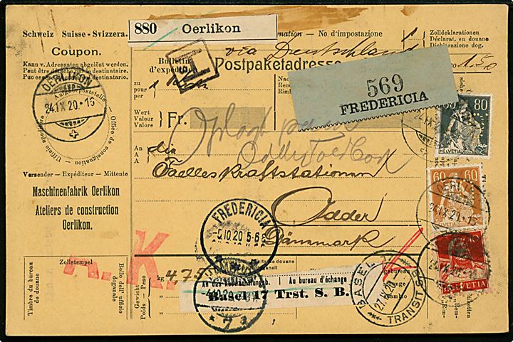 10 c. Tell, 60 c. og 80 c. Helvetia med perfin på internationalt adressekort for pakke fra Maschinenfabrik Oerlikon i Oerlikon d. 24.9.1920 via Basel, Hamburg og Fredericia til Odder, Danmark. 