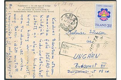 3,50 kr. Spejder udg. på brevkort fra Keflavik Flugvöllur 1964 til Budapest, Ungarn. Retur som ubekendt.