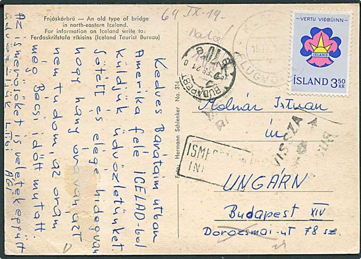 3,50 kr. Spejder udg. på brevkort fra Keflavik Flugvöllur 1964 til Budapest, Ungarn. Retur som ubekendt.