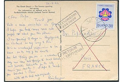 3,50 kr. Spejder udg. på brevkort fra Reykjavik 1964 til Paris, Frankrig. Retur pga. mangelfuld adresse.