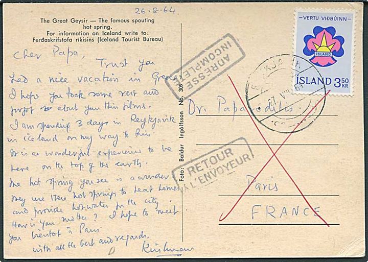 3,50 kr. Spejder udg. på brevkort fra Reykjavik 1964 til Paris, Frankrig. Retur pga. mangelfuld adresse.