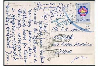 3,50 kr. Spejder udg. på brevkort fra Reykjavik 1964 til Vravo Murillo, Spanien. Retur som ej afhentet.