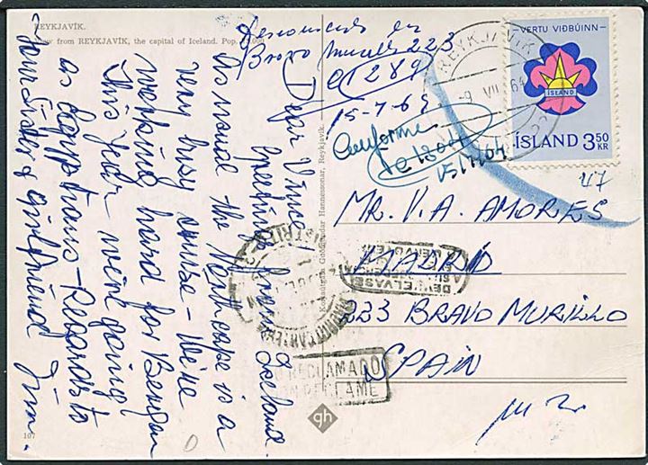 3,50 kr. Spejder udg. på brevkort fra Reykjavik 1964 til Vravo Murillo, Spanien. Retur som ej afhentet.
