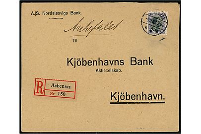 40 øre Chr. X single på anbefalet brev fra A/S Nordslesvigs Bank annulleret med brotype IVb Aabenraa sn1 d. 9.11.1920 til København.