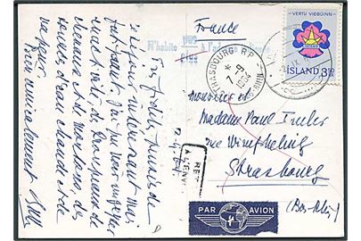 3,50 kr. Spejder udg. på brevkort fra Reykjavik 1964 til Starssbourg, Frankrig. Retur som ubekendt.