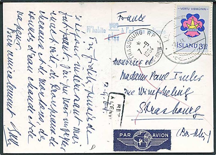 3,50 kr. Spejder udg. på brevkort fra Reykjavik 1964 til Starssbourg, Frankrig. Retur som ubekendt.