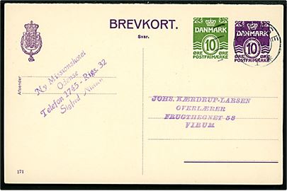 10 + 10 øre provisorisk svardel af dobbelt helsagsbrevkort (fabr. 171) fra Odense d. 20.5.1955 til Virum.