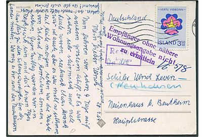 3,50 kr. Spejder udg. på brevkort fra Reykjavik 1964 til Neuhausen, Tyskland. Retur pga. mangelfuld adresse.