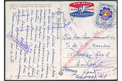 3,50 kr. Spejder udg. på brevkort fra Reykjavik 1964 til England. Retur som ubekendt med flere stempler.