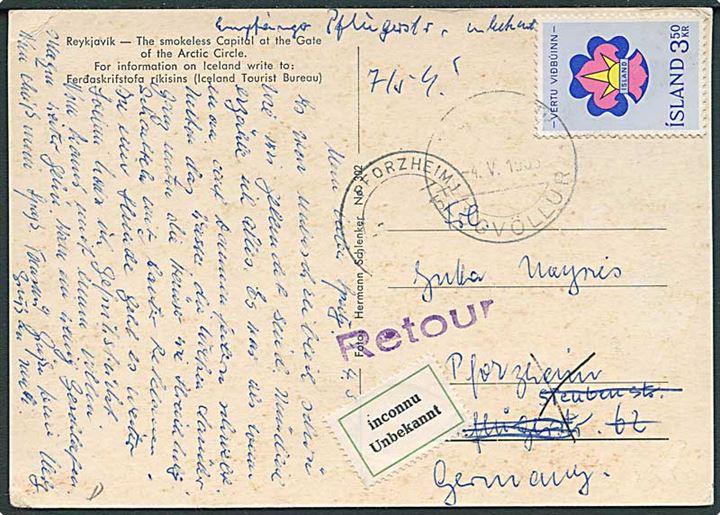 3,50 kr. Spejder udg. på brevkort fra Keflavik Flugvöllur 1965 til Pforzheim, Tyskland. Retur som ubekendt.