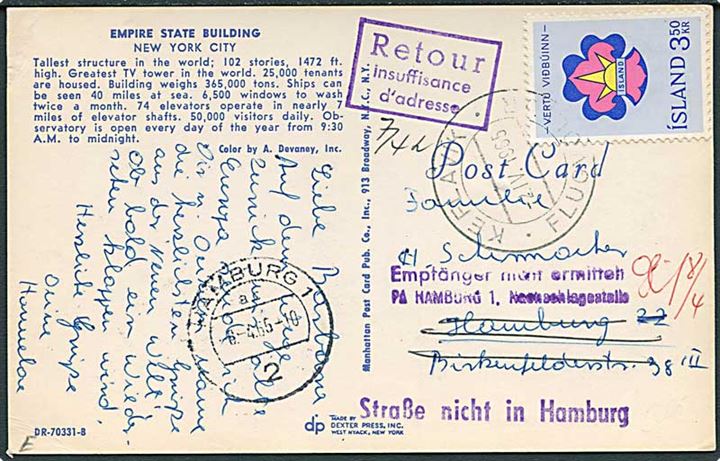 3,50 kr. Spejder udg. på brevkort fra Keflavik Flugvöllur 1965 til Hamburg, Tyskland. Retur pga. mangelfuld adresse.