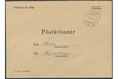 Ufrankeret postsagskuvert til Postanvisning med brotype stempel Hella d. 28.10.1971 til Kóparvagur.