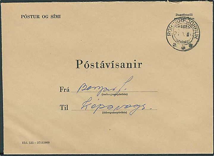 Ufrankeret postsag til postanvisning med protype stempel Borgarfjördur d. 21.10.1971 til Kóparvagur.
