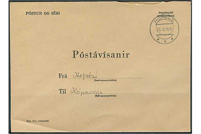 Ufrankeret postsag til postanvisning med brotype stempel Hofsos d. 25.10.1971 til Kóparvagur.