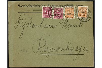15 pfg. (2) og 25 pfg. (2) Fælles udg. på 80 pfg. frankeret brev fra Westholsteinische Bank i Flensburg d. 29-5-1920 til København, Danmark.