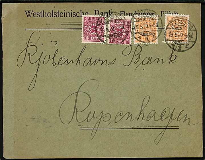 15 pfg. (2) og 25 pfg. (2) Fælles udg. på 80 pfg. frankeret brev fra Westholsteinische Bank i Flensburg d. 29-5-1920 til København, Danmark.