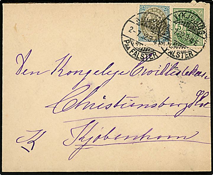 3 øre Tofarvet og 5 øre Våben på brev fra Nykjøbing paa Falster d. 2.7.1902 til København.