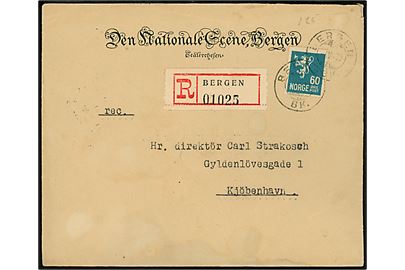 60 øre Løve single på fortrykt kuvert fra Teaterchefen, Den Nationale Scene i Bergen sendt anbefalet fra Bergen d. 4.7.1930 til København, Danmark.