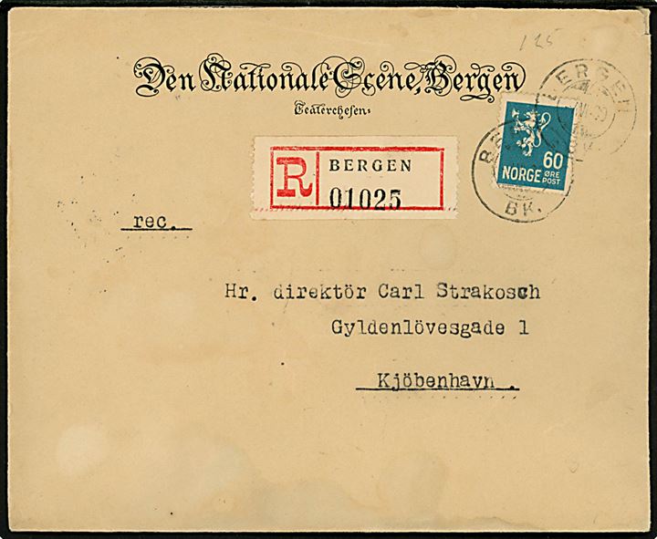 60 øre Løve single på fortrykt kuvert fra Teaterchefen, Den Nationale Scene i Bergen sendt anbefalet fra Bergen d. 4.7.1930 til København, Danmark.