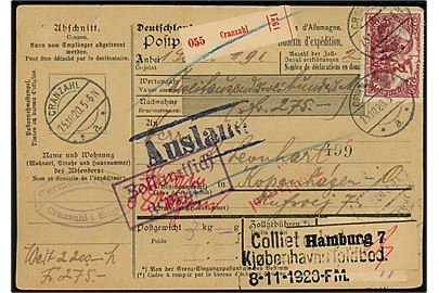 60 pfg. Germania, 2 mk. (2) og 2½ mk. Nord og Syd på for- og bagside af internationalt adressekort for pakke med postopkrævning fra Cranzahl d. 25.10.1920 til Kjøbenhavn, Danmark.