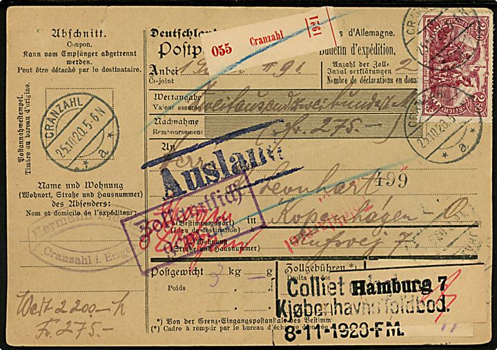 60 pfg. Germania, 2 mk. (2) og 2½ mk. Nord og Syd på for- og bagside af internationalt adressekort for pakke med postopkrævning fra Cranzahl d. 25.10.1920 til Kjøbenhavn, Danmark.