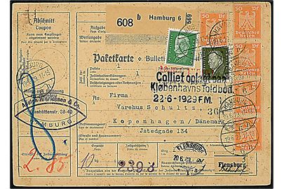 5 pfg. Hindenburg, 30 pfg. Ebert og 50 pfg. Adler (5) på 285 pfg. frankeret internationalt adressekort for pakke fra Hamburg d. 19.6.1929 via Flensburg til København, Danmark.