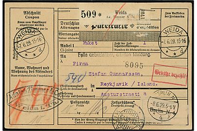 Ufrankeret internationalt med rammestempel Gebühr bezahlt og noteret 5,40 mk. fra Weida d. 7.6.1929 via Berlin og Kjøbenhavn Toldpostk. d. 10.6.1929 til Reykjavik, Island. Ank.stemplet i Reykjavik d. 24.6.1929.
