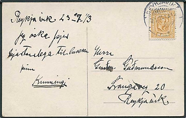 3 aur To Konger på lokalt brevkort i Reykjavik d. 23.7.1913.