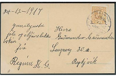 3 aur To Konger på lokalt brevkort i Reykjavik d. 24.12.1917.