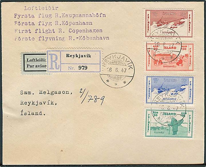 Komplet sæt Velgørenhed på anbefalet første flyvningsbrev fra Reykjavik d. 16.6.1947 via København til Reykjavik. Ank.stemplet Reykjavik d. 19.6.1947. 