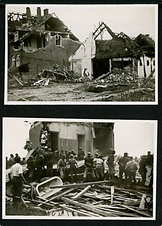 Tønder. Jernbanegade/Vestergade. Ødelæggelser efter fejlagtige angreb med to Mosquito-bombemaskiner fra Royal Air Force i 1942. Tønder blev bombet i den tro at det var Niebüll. To fotografier 5½x8½ cm.