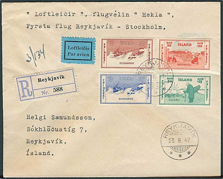 Komplet sæt Velgørenhed på anbefalet 1. flyvningsbrev fra Reykjavik d. 23.6.1947 via Stockholm til Reykjavik, Island. Påskrevet Loftleider Hekla Reykjavik-Stockholm. 