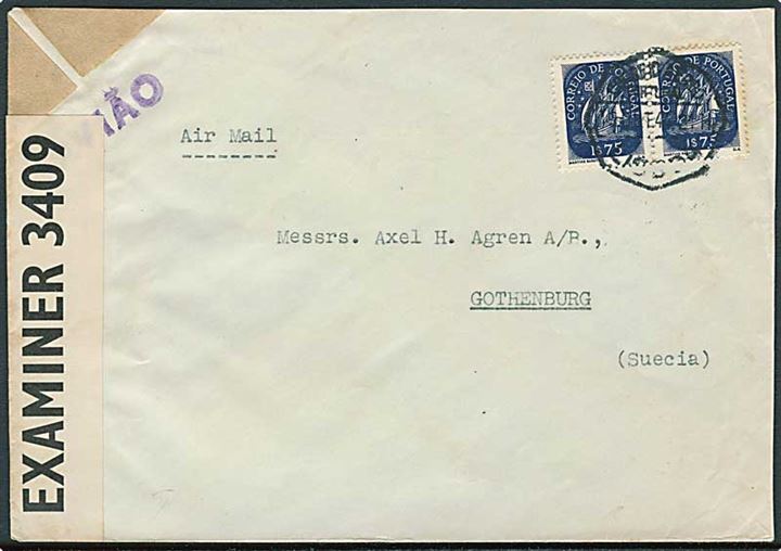 1$75 i parstykke på luftpostbrev fra Lissabon d. 19.10.1944 til Göteborg, Sverige. Åbnet af britisk censur PC90/3409.