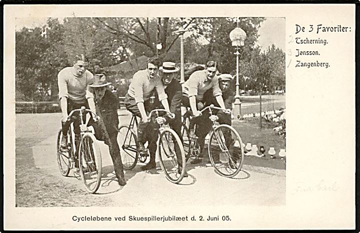 Cykelløb ved Skuespillerjubilæet d. 2.6.1905. Favoritter: Tscherning, Jønsson og Zangenberg. A. Vincent u/no.