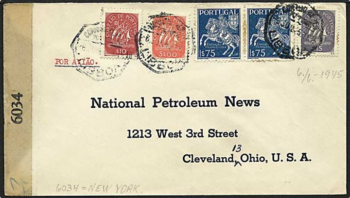 8$75 på blandingsfrankeret luftpostbrev fra Lissabon d. 6.6.1945 til Cleveland, USA. Åbnet af amerikansk censur no. 6034.