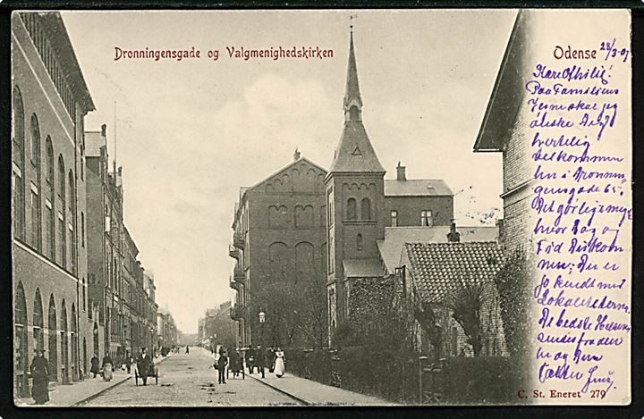 Odense. Dronningensgade og Valgmenigheds kirken. Stenders no. 279.