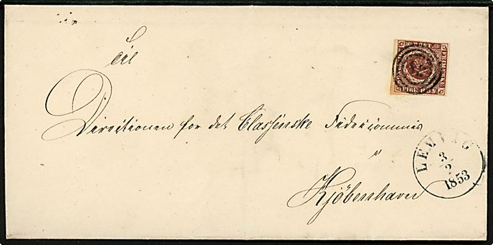 4 R. B. S. Thiele I pl. II på brev annulleret med nr.stempel 38 og sidestemplet antiqua Lemvig d. 3.2.1853 til Kjøbenhavn.
