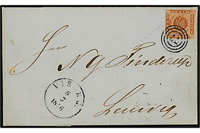 4 sk. 1854 udg. på brev annulleret med nr.stempel 77 og sidestemplet antiqua Viborg d. 6.3.1856 til Lemvig.