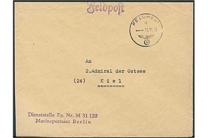 Ufrankeret feltpostbrev stemplet Feldpost d d. 11.11.1944 til Kiel. Afs.-stempel: Dienststelle Fp. Nr. M 31120 Marinepostamt Berlin = Marine-Artillerie-Abteilung 118 und Marine-Nachrichtenoffizier Hansted.
