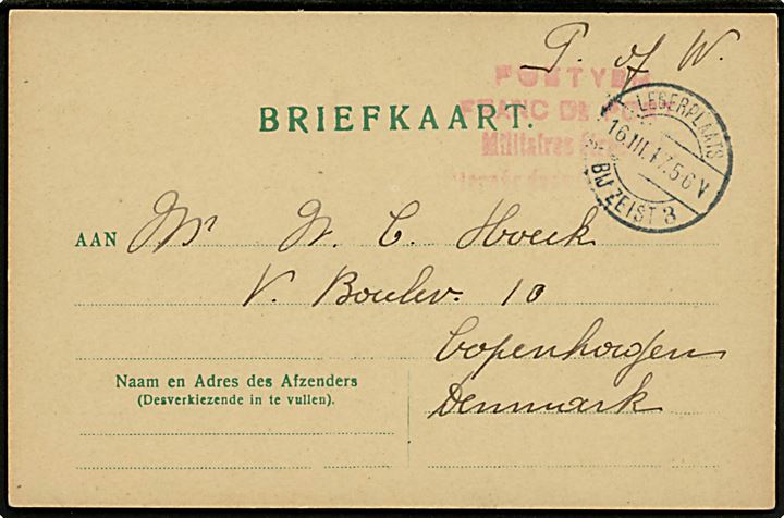 Ufrankeret interneret brevkort fra belgisk krigsfange i Legerplaats bij Zeist d. 16.3.1917 til København, Danmark.
